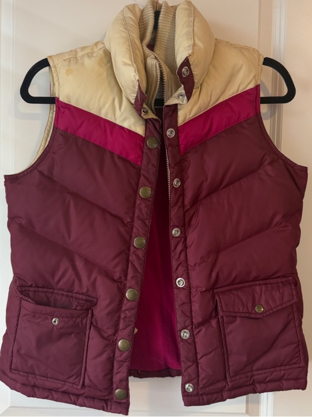 Retro Quilted Puffer Vest - Burgundy, Fuchsia & Cream